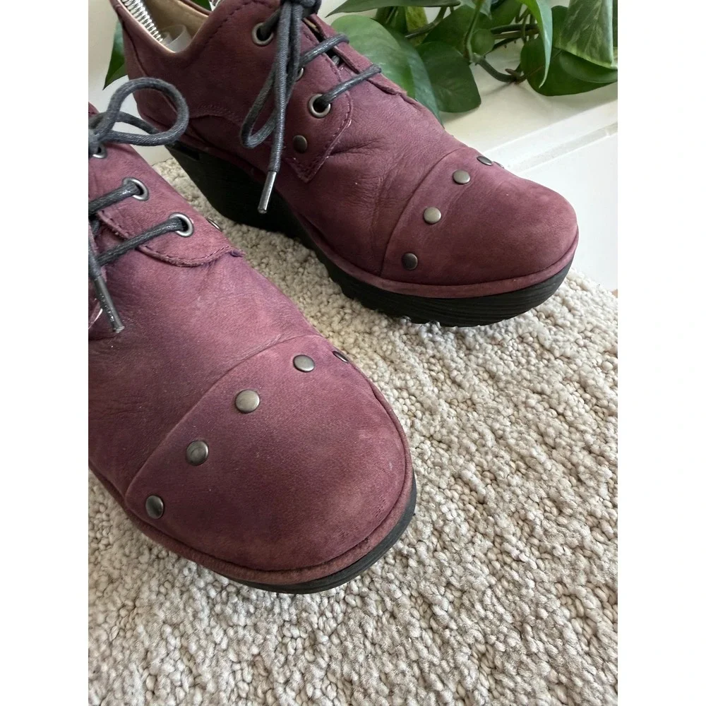 Fly London Yoti Plum Nubuck Studded Wedge Oxfords 38 US 7.5-8 Artisan